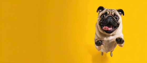 The playful pug jumping against a vibrant yellow background.