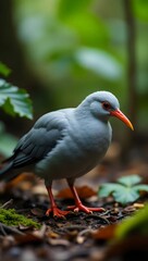 Grey Kagu Bird Wildlife Portrait Standing on Forest Floor with Orange Beak
