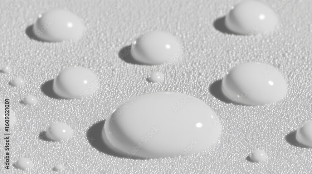 Poster high-resolution close-up of uniform water droplets on smooth matte surface with soft natural light, 
