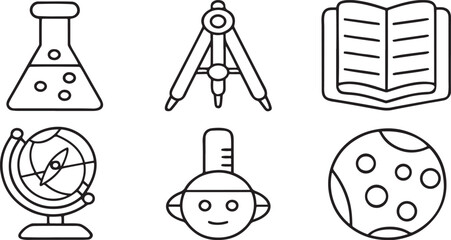 Isolated black vector education icons for 100 days school milestone, includes science flask, globe, compass, notebook, eraser, kids reading, ideal for school-themed graphics