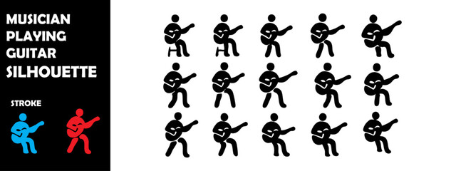 MUSICIAN PLAYING GUITAR Icon Silhouette Vector Set – Music Performance, Live Band and Instrument Player