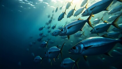 School of Tuna Fish in Motion Underwater Deep Blue Ocean Water Sunlight Ray
