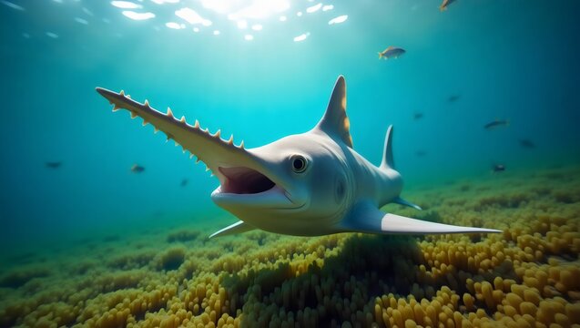 Sawfish Predator Swimming Underwater in Deep Blue Sea over Coral Reef
