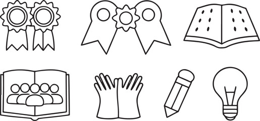 Fototapeta premium Isolated black minimal icon collection for 100 days of school celebration, includes open book, light bulb, group of students, crayon, award ribbon, and hand clapping