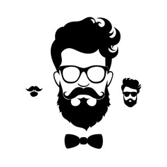 Beard icon. Moustache, hair or glasses on man face, different tie, style curly head shape. Hipster male hairstyle black silhouette. Gentleman model. Barbershop isolated vector symbol ... See More

