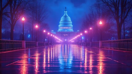 With a neon light, the US Capitol building at night, Washington, DC, USA