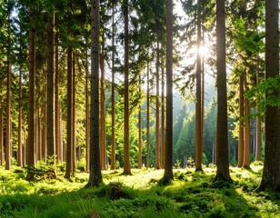Obraz premium Sunlight filtering through the dense canopy of a lush forest creating a serene ambiance