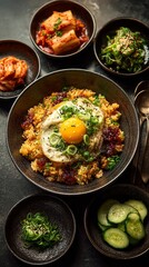 Aromatic Korean fried rice served with traditional side dishes including kimchi and fresh cucumbers, styled minimally with emphasis on rich textures and vibrant colors