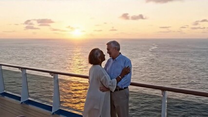 Elderly Couple Walking On Cruise Ship Deck in Evening. Senior couple on Holiday cruise. Enjoying Vacation. Romantic ocean view - Powered by Adobe