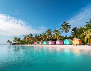 Naklejka premium a tropical island with softly colored beach huts pastel palm trees and calm turquoise seas