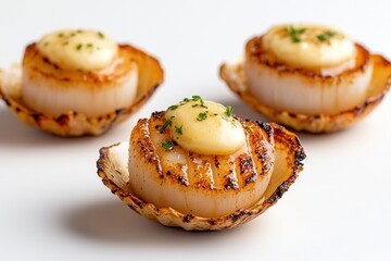 Close-up of grilled scallops in their shells topped with melted butter and herbs, presented on a clean white surface