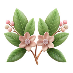 Two pink flowers with green leaves and berries isolated on transparent background