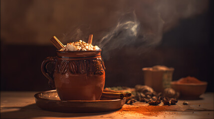 A steaming cup of Mexican hot chocolate with cinnamon sticks, garnished with whipped cream and chili powder, resting on a wooden tray.