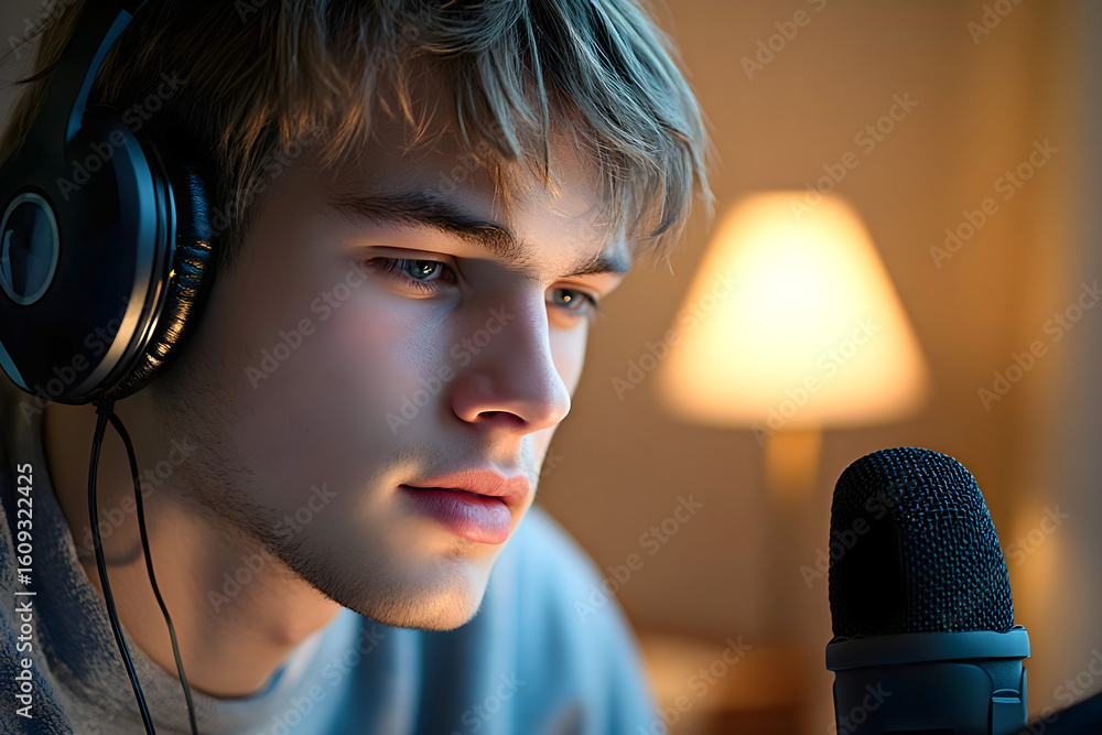 Poster young man with headphones is focused on a microphone, illuminated by warm light from a lamp, creatin