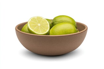 Close-up of vibrant limes arranged in a rustic bowl showing texture and detail of the citrus skin isolated on white background