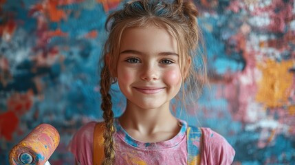 Young Painter as a happy young girl holding a roll
