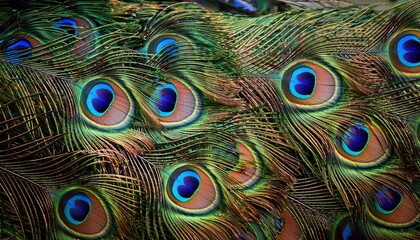Fototapeta premium peacock feathers forming abstract jungle pattern vibrant nature texture background