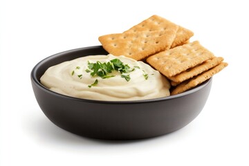 Flat lay composition of cream dip and crackers arranged in a snack platter style isolated on white background