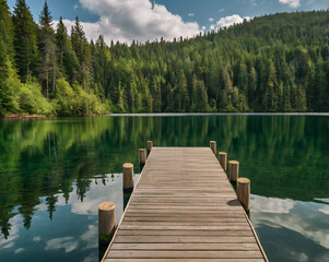 Wooden dock on emerald lake surrounded by pine forest reflection water