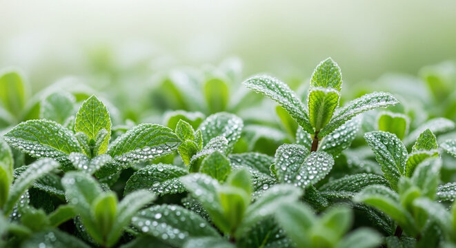 Refreshing close-up captures lush green mint leaves glistening with water droplets.