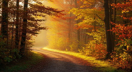 Golden Autumn Forest Path at Sunrise