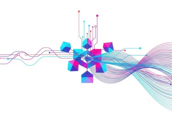 Fototapeta premium A flowing abstract design of blue and pink wavy lines with geometric shapes.This abstract image presents a dynamic composition of interconnected lines and geometric cubes