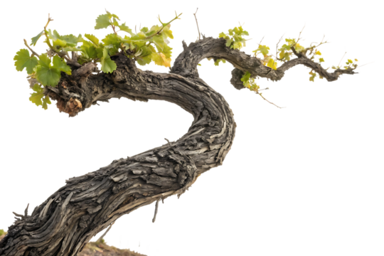 Ancient gnarled grapevine trunk with green leaves isolated on transparent background