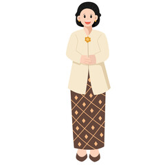 Smiling Woman in Traditional Indonesian Kebaya and Batik Skirt – Flat Vector Illustration of Cultural Heritage