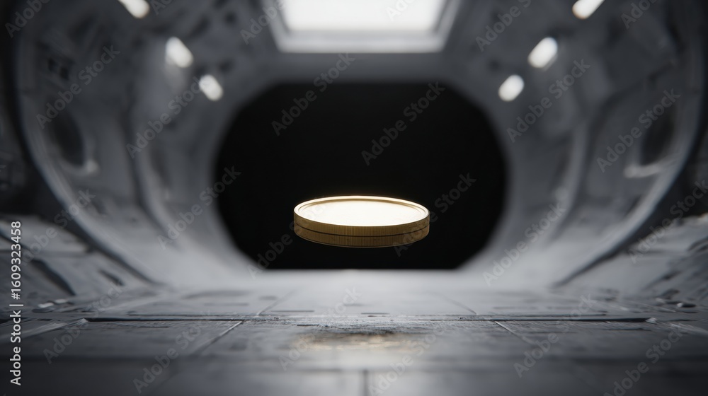 Aufkleber floating animated coin flip in a zero gravity environment with an empty upper zone and a futuristic 