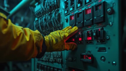 This footage showcases the intricate details of control panels in a vibrant atmosphere. It highlights technological interaction and its significance in modern settings. Generative AI