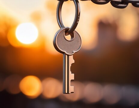 a close up of a silver key placed on a metal chain with a blurred warm toned background symbolizing security and connection