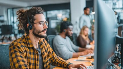 Smiling man working in customer support center - Powered by Adobe