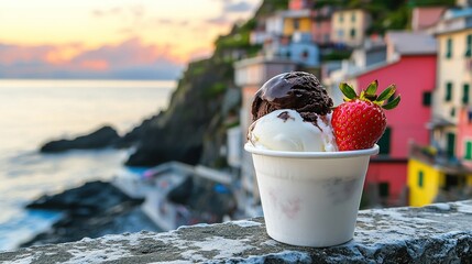small paper cup of ice cream with chocolate and strawberry, on the stone ledge overlooking at sunset, colorful houses along the cliffside in the background. 