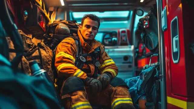 Explore the life of a firefighter as they take a moment to relax. This footage captures the essence of courage and commitment in emergency services. Generative AI