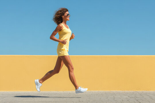 person running in bright sports outfit exuding joy and confidence against clean background