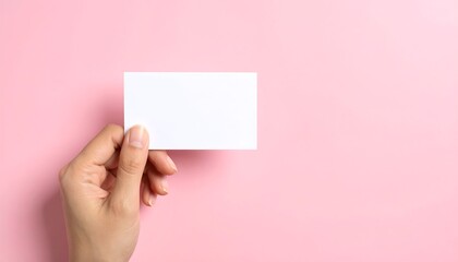 Obraz premium Hand Holding a Blank Card on a Pink Background