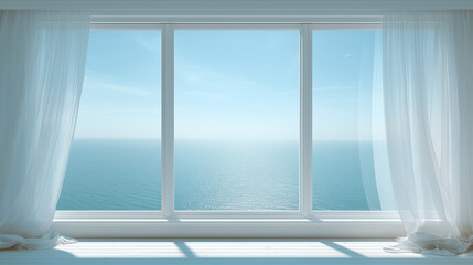 Closed White-Framed Window with Ocean View and Clean Curtains in a Minimalist Interior