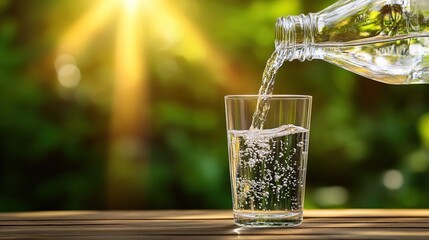 Water being poured into a glass on a wooden table with a green background and sun flare, clear and refreshing water, perfect for health or fitness themes.