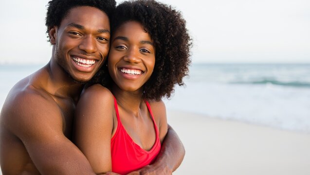 Happy african american couple embracing on beach summer vacation travel destination