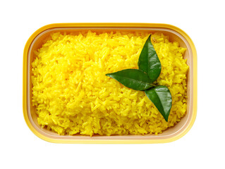 Nasi kuning or yellow rice in a bento box isolated on white background