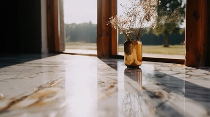 Golden vase with dried flowers on a marble surface, bathed in sunlight.