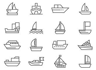  Sailboat thin line vector icon set. Contains as creatures, sailing, ship, anchor, compass, underwater exploration, sailboat, coral reef liner illustration. Small and large seagoing vessels. 