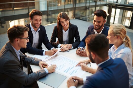 Diverse Business Team Collaborating Around Table with Blueprints