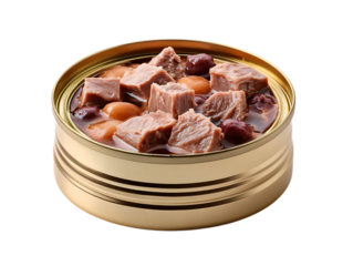 Open jar of canned wet cat food cutout Can of meat and liver pieces in a sauce for cats isolated on a white background 