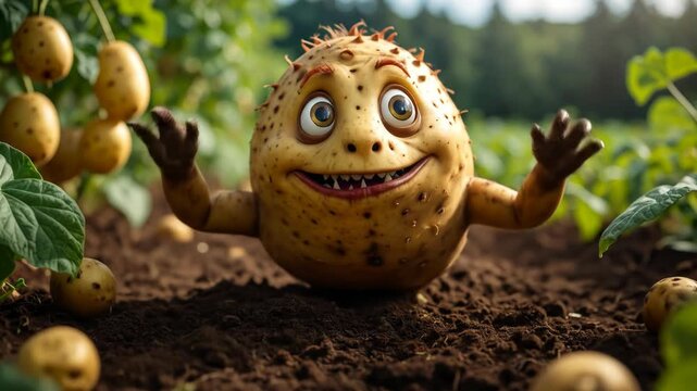 Smiling potato character waves hello in garden with fresh produce around