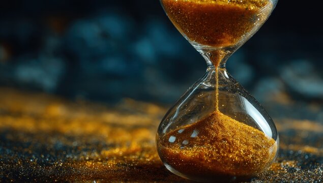 Golden sand gracefully flows through the hourglass, symbolizing the relentless passage of time against a textured, dark backdrop.