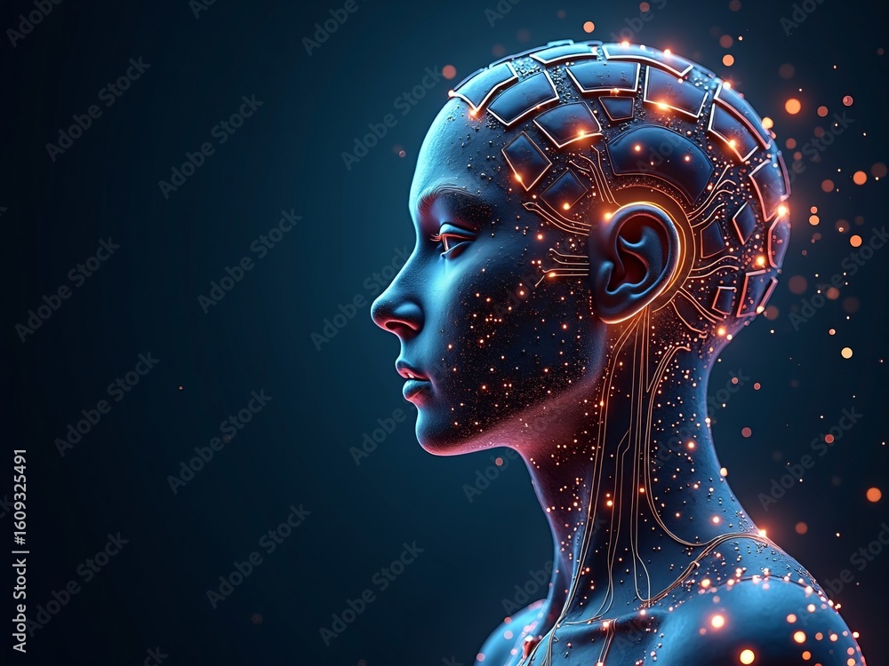 Poster artificial intelligence and futuristic technology concept with glowing circuits on a human head symb