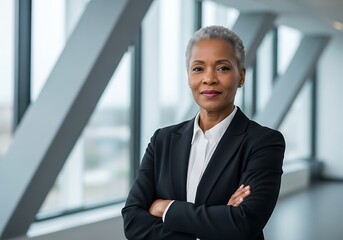 Photo of confident businesswoman with arms crossed in a modern office