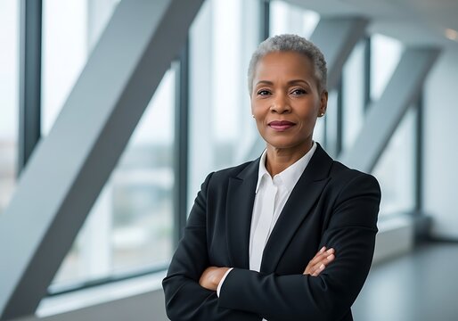 Photo of confident businesswoman with arms crossed in a modern office