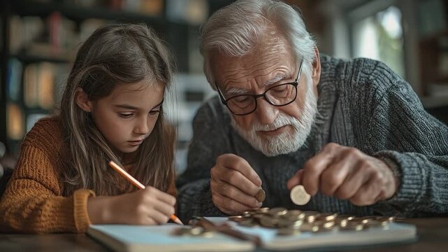 Generational Financial Guidance: A grandfather and his granddaughter engage in an intimate lesson of managing finance, the grandfather with gentle guidance and education.